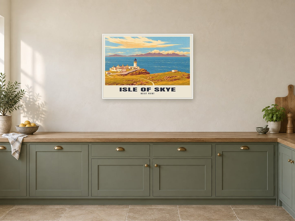 Neist Point, Isle of Skye Poster at A1, in a white frame, in a kitchen