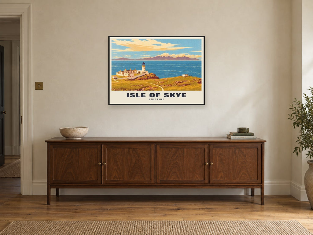Neist Point, Isle of Skye Poster at A1, in a black frame, above a sideboard