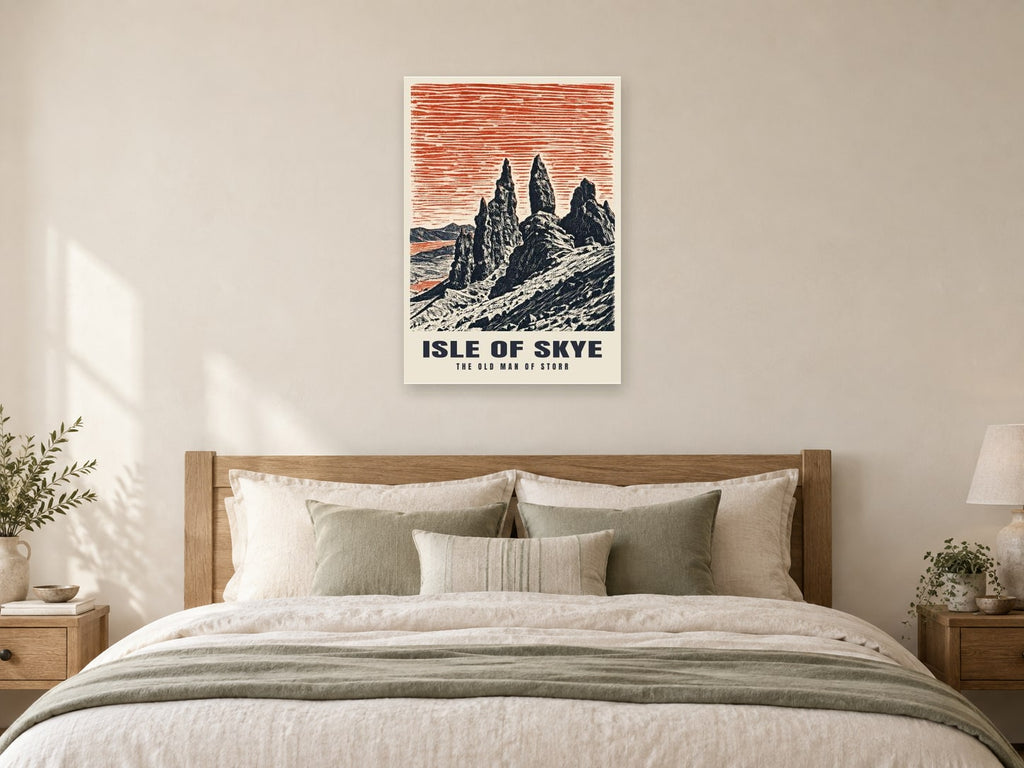 The Old Man of Storr, Isle of Skye Poster at A1, as a poster, above a bed