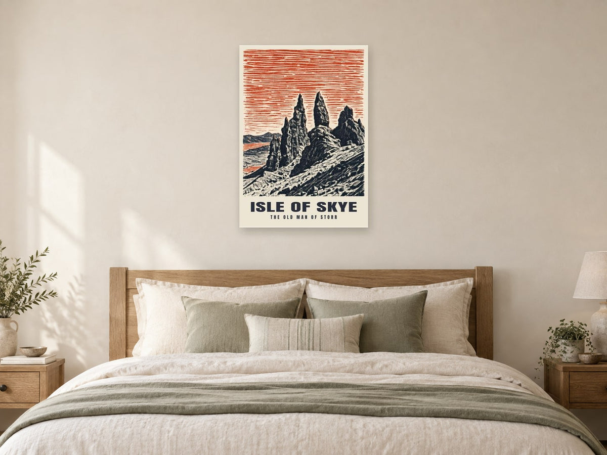 The Old Man of Storr, Isle of Skye Poster at A1, as a poster, above a bed