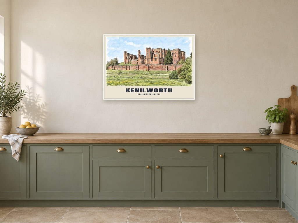 Kenilworth Castle Poster at A1, in a white frame, in a kitchen