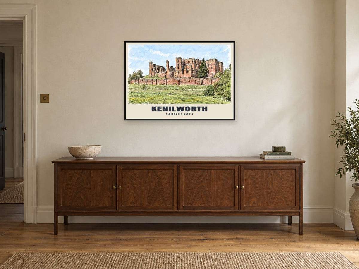 Kenilworth Castle Poster at A1, in a black frame, above a sideboard