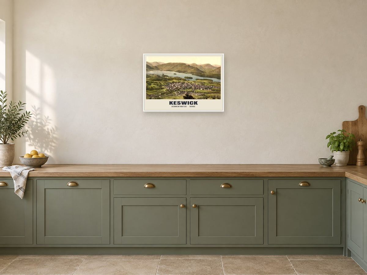 Derwentwater, Keswick, 1890s Heritage Print at A2, in a white frame, in a kitchen