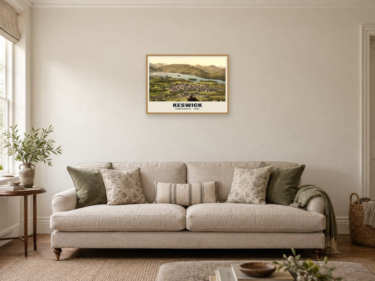 Derwentwater, Keswick, 1890s Heritage Print at A2, in an oak frame, in a sitting room
