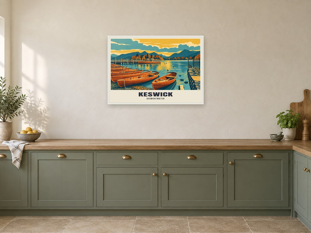 Derwentwater, Keswick Poster at A1, in a white frame, in a kitchen