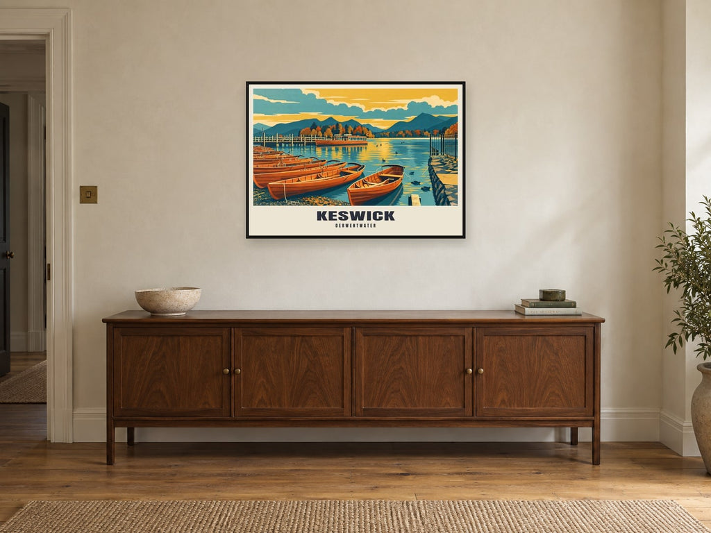 Derwentwater, Keswick Poster at A1, in a black frame, above a sideboard