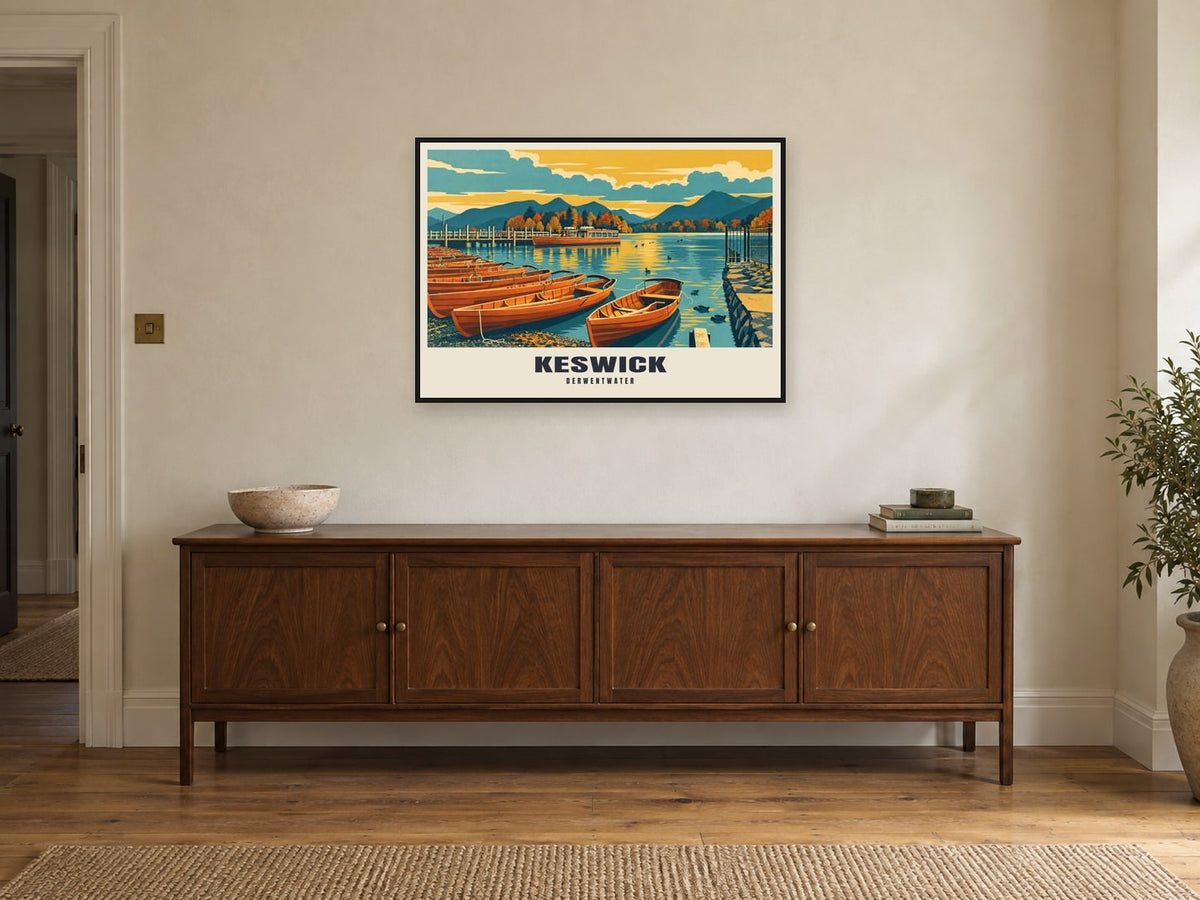 Derwentwater, Keswick Poster at A1, in a black frame, above a sideboard