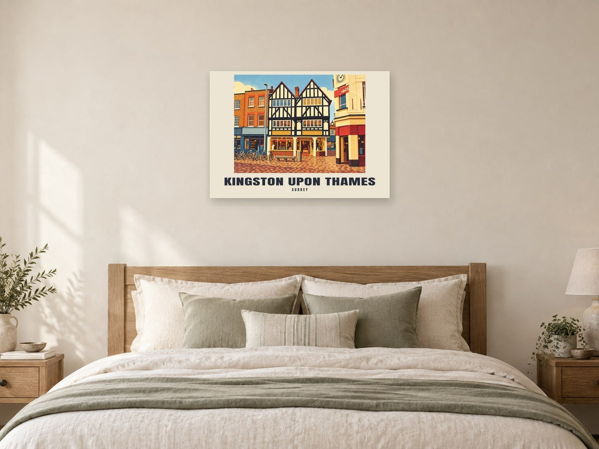 Kingston upon Thames Poster — Town Centre at A1, as a poster, above a bed
