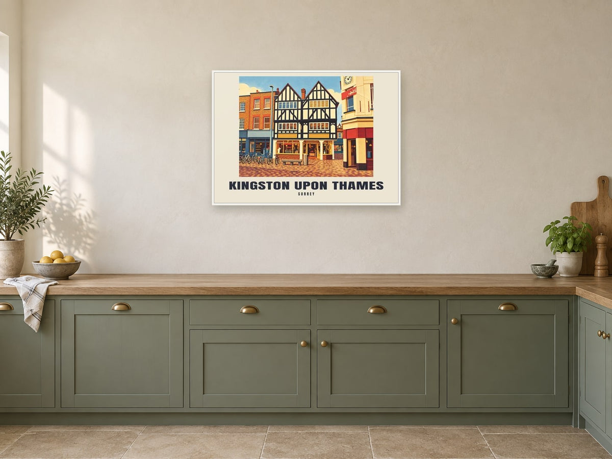 Kingston upon Thames Poster — Town Centre at A1, in a white frame, in a kitchen
