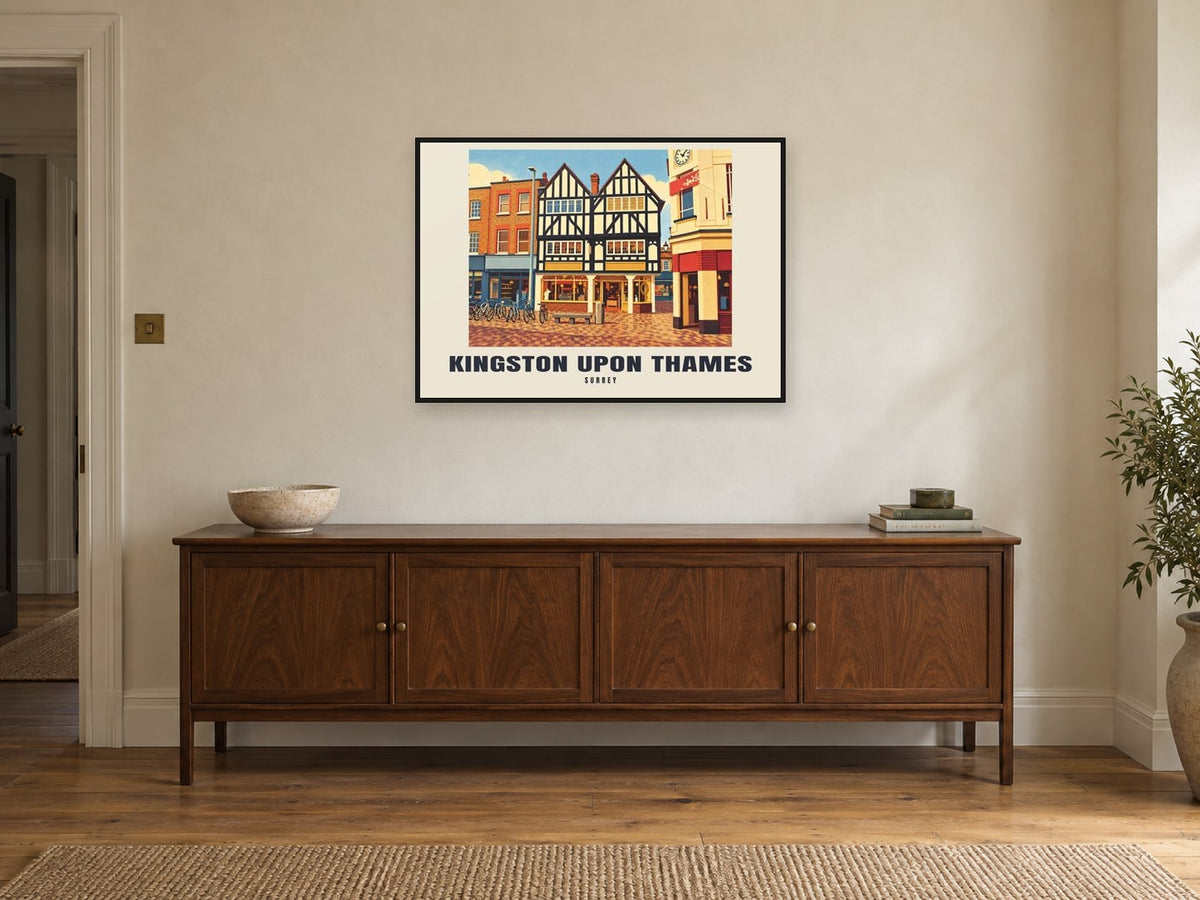 Kingston upon Thames Poster — Town Centre at A1, in a black frame, above a sideboard