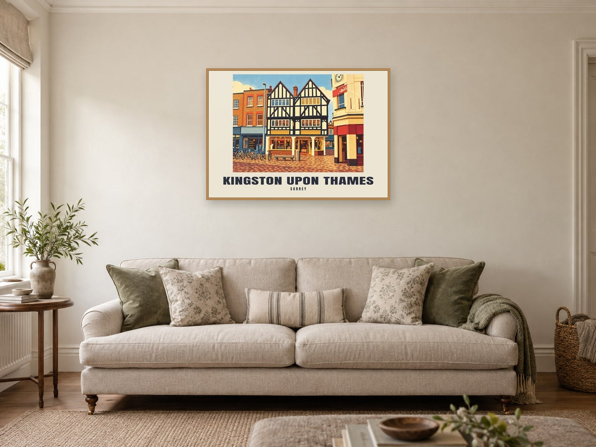 Kingston upon Thames Poster — Town Centre at A1, in an oak frame, in a sitting room