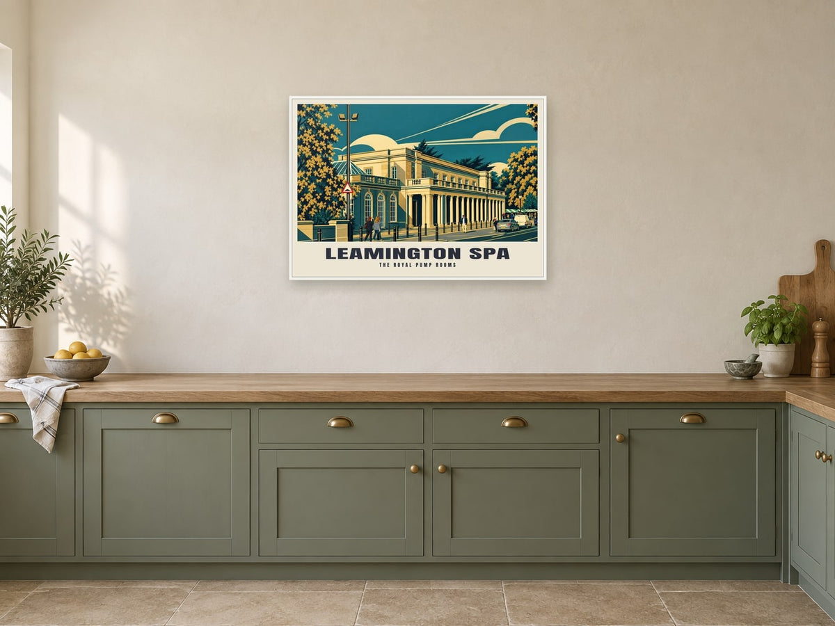 The Royal Pump Rooms, Leamington Spa Poster at A1, in a white frame, in a kitchen