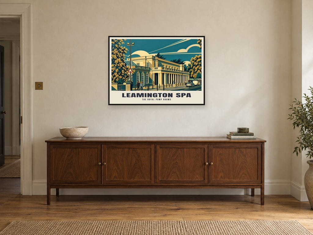 The Royal Pump Rooms, Leamington Spa Poster at A1, in a black frame, above a sideboard