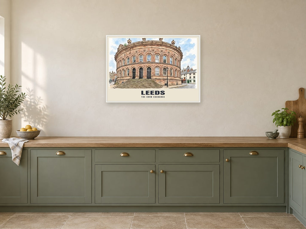 The Corn Exchange, Leeds Poster at A1, in a white frame, in a kitchen
