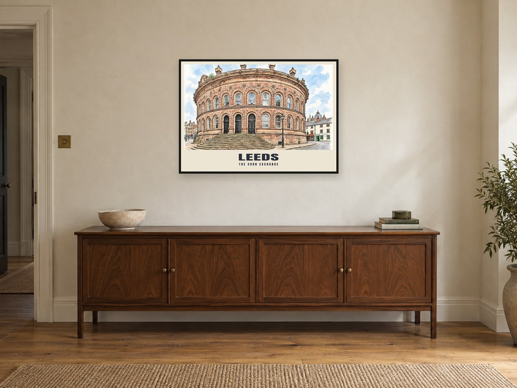 The Corn Exchange, Leeds Poster at A1, in a black frame, above a sideboard
