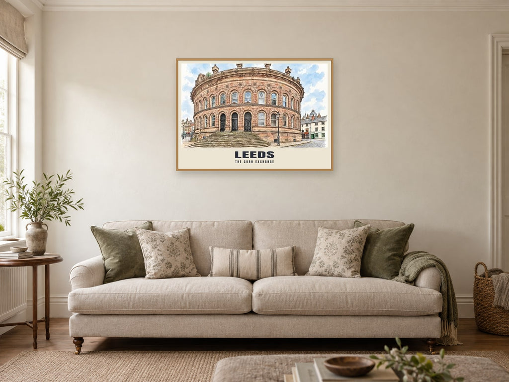 The Corn Exchange, Leeds Poster at A1, in an oak frame, in a sitting room