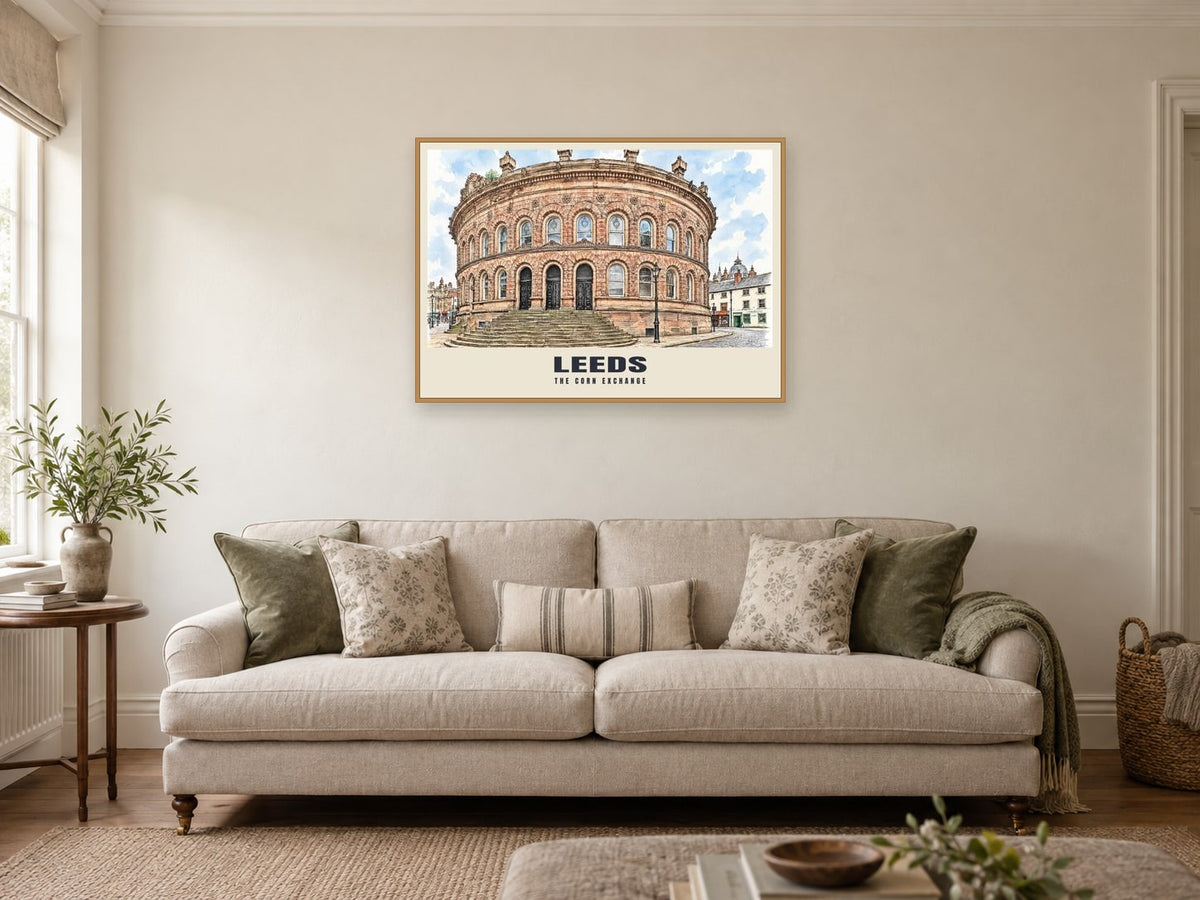 The Corn Exchange, Leeds Poster at A1, in an oak frame, in a sitting room