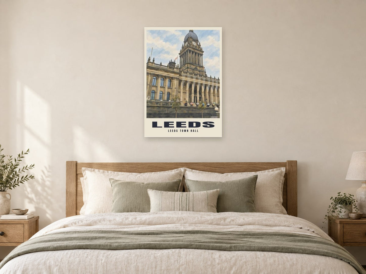 Leeds Town Hall Poster at A1, as a poster, above a bed