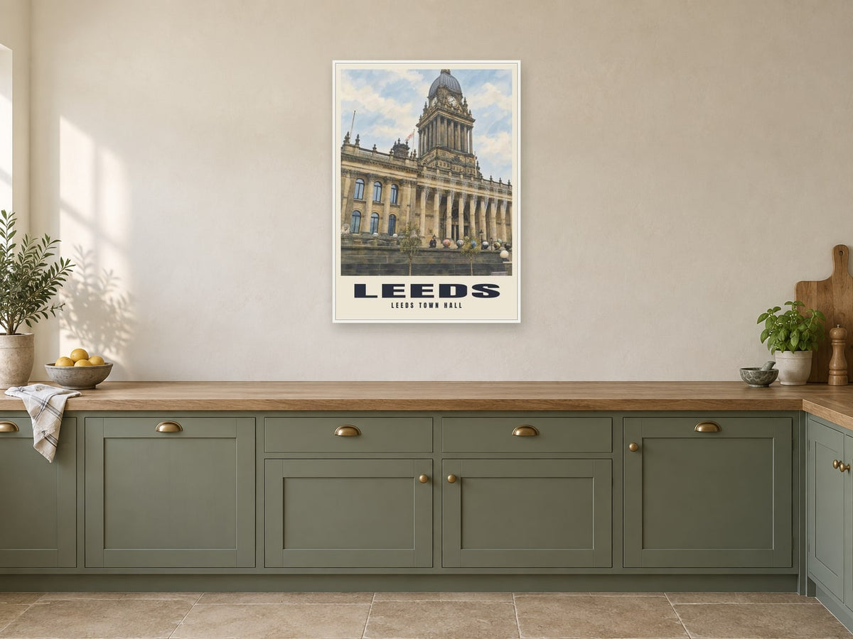 Leeds Town Hall Poster at A1, in a white frame, in a kitchen