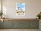 Leicester Cathedral Poster at A1, in a white frame, in a kitchen