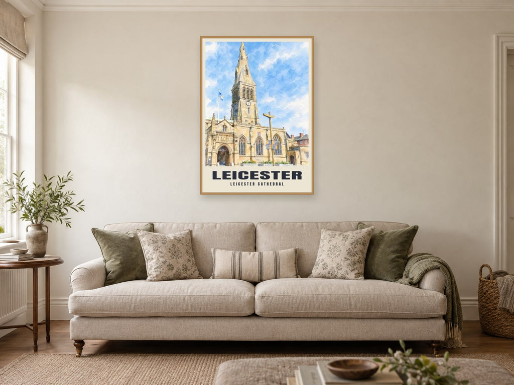Leicester Cathedral Poster at A1, in an oak frame, in a sitting room