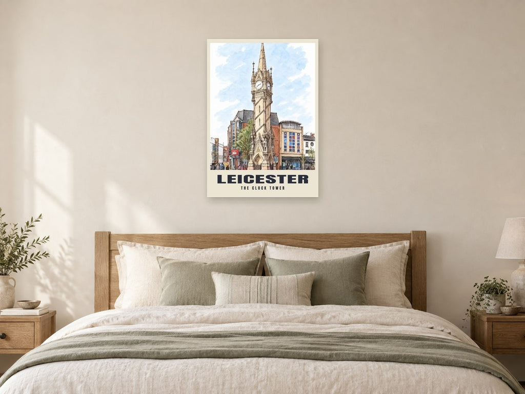 The Clock Tower, Leicester Poster at A1, as a poster, above a bed