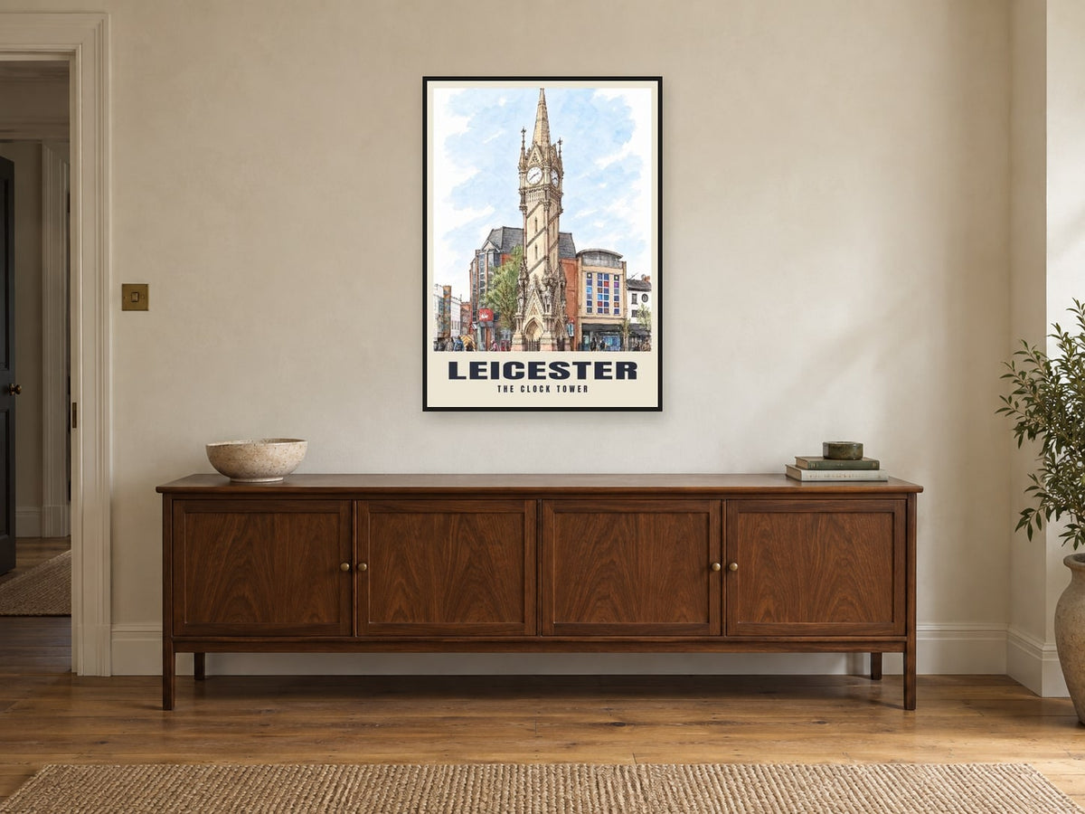 The Clock Tower, Leicester Poster at A1, in a black frame, above a sideboard