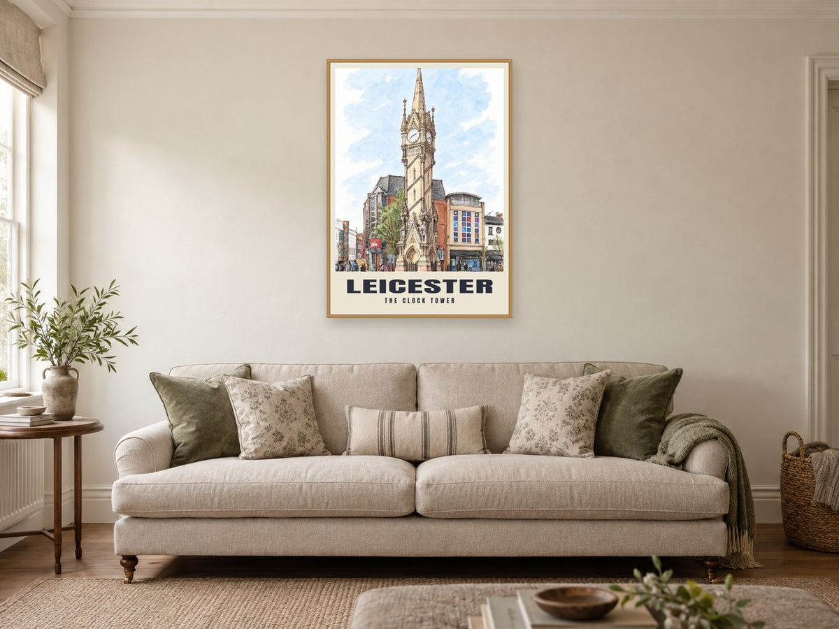 The Clock Tower, Leicester Poster at A1, in an oak frame, in a sitting room