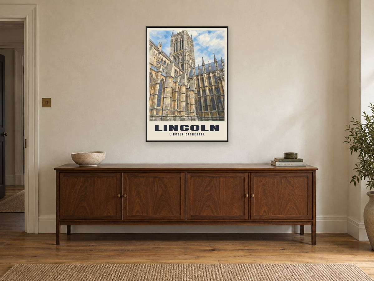 Lincoln Cathedral Poster at A1, in a black frame, above a sideboard