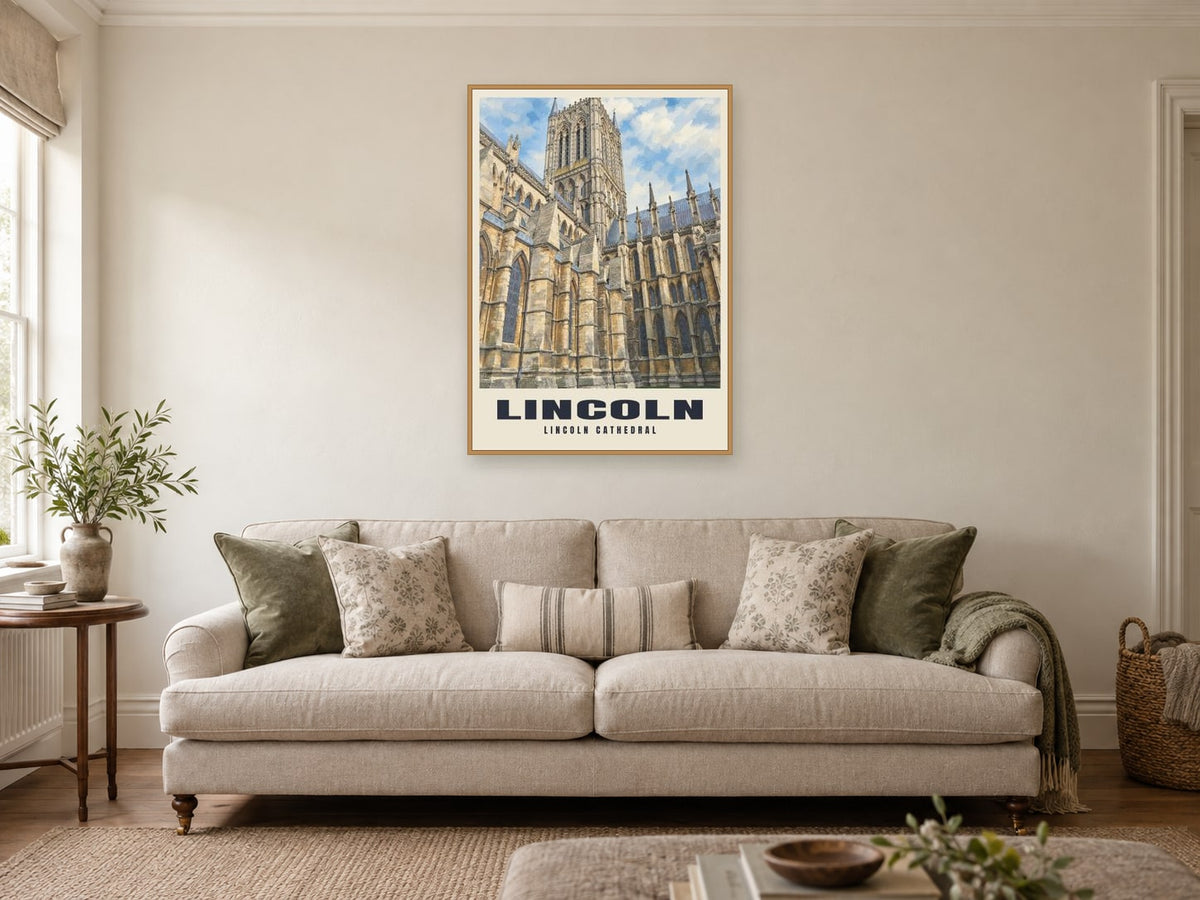 Lincoln Cathedral Poster at A1, in an oak frame, in a sitting room