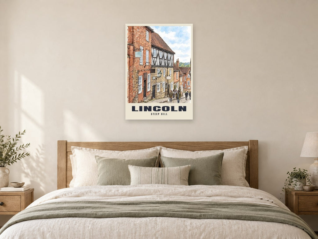 Steep Hill, Lincoln Poster at A1, as a poster, above a bed