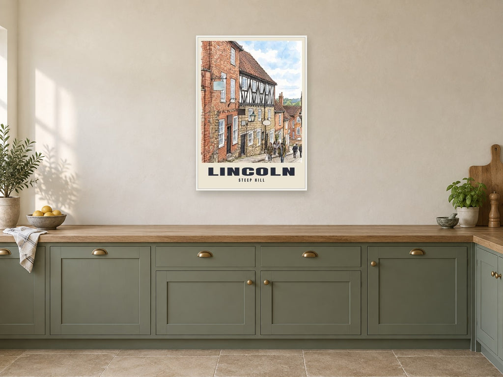 Steep Hill, Lincoln Poster at A1, in a white frame, in a kitchen