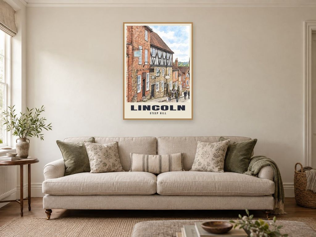 Steep Hill, Lincoln Poster at A1, in an oak frame, in a sitting room