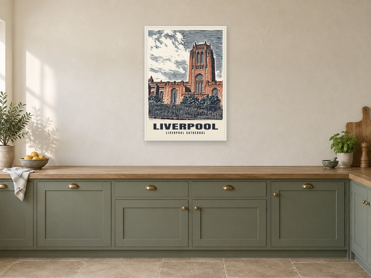 Liverpool Cathedral Poster at A1, in a white frame, in a kitchen