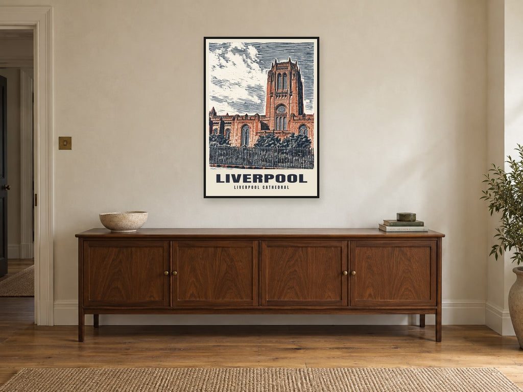 Liverpool Cathedral Poster at A1, in a black frame, above a sideboard