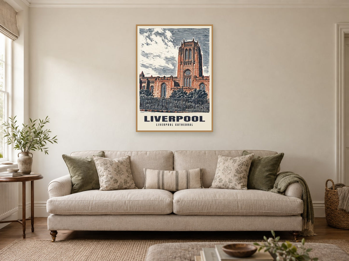 Liverpool Cathedral Poster at A1, in an oak frame, in a sitting room