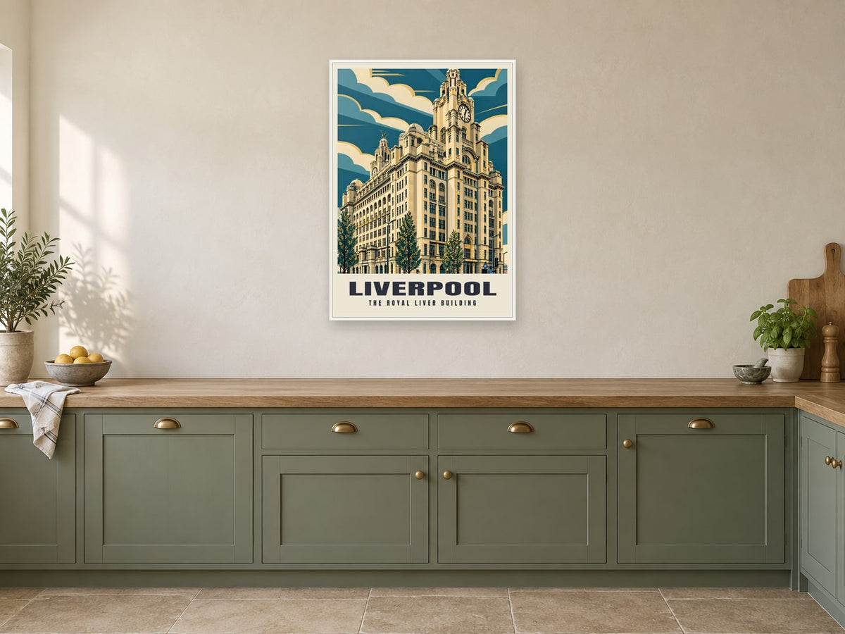 The Royal Liver Building, Liverpool Poster at A1, in a white frame, in a kitchen
