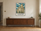 The Royal Liver Building, Liverpool Poster at A1, in a black frame, above a sideboard