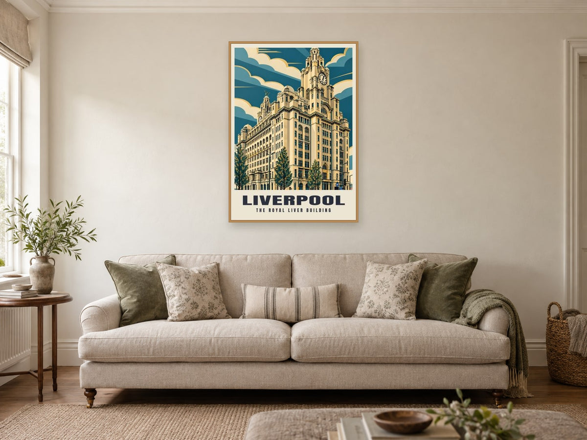 The Royal Liver Building, Liverpool Poster at A1, in an oak frame, in a sitting room