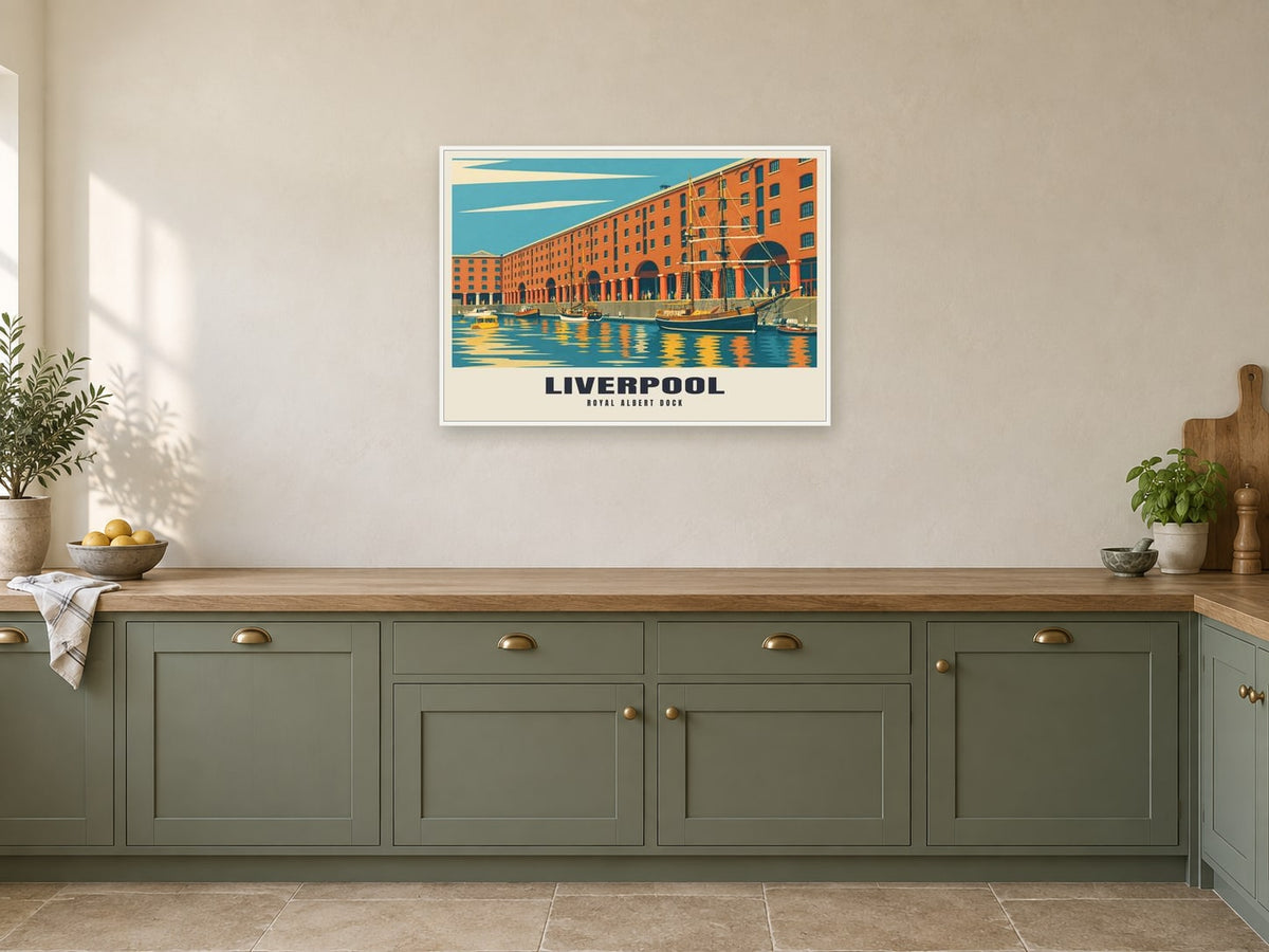 The Royal Albert Dock, Liverpool Poster at A1, in a white frame, in a kitchen