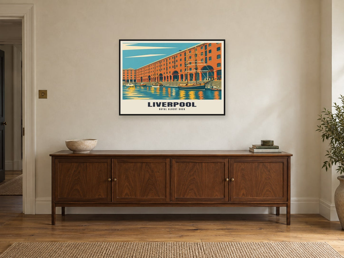 The Royal Albert Dock, Liverpool Poster at A1, in a black frame, above a sideboard