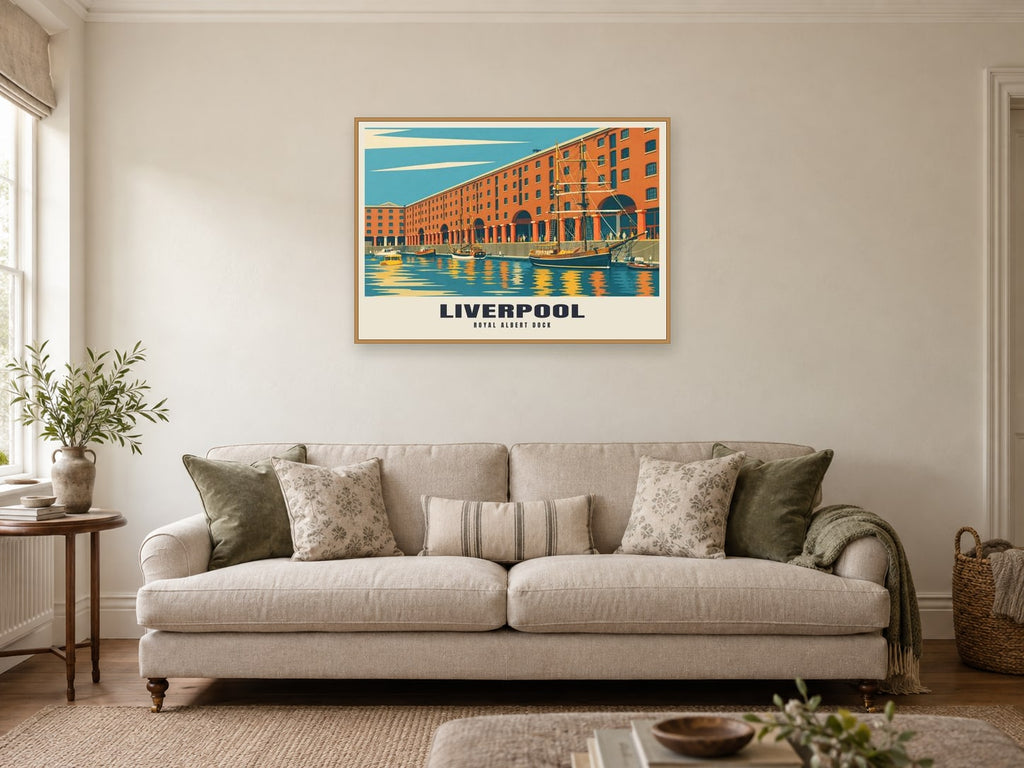 The Royal Albert Dock, Liverpool Poster at A1, in an oak frame, in a sitting room