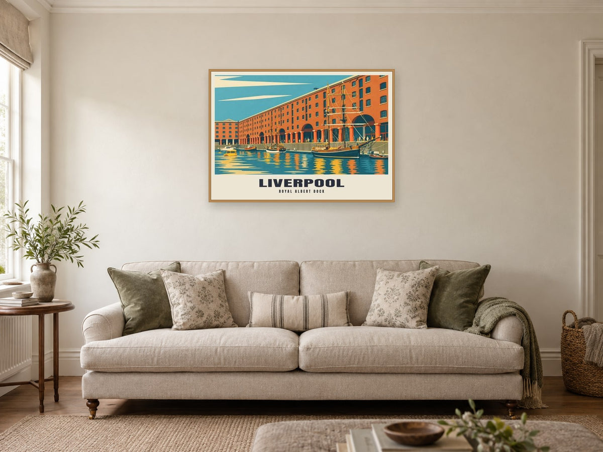 The Royal Albert Dock, Liverpool Poster at A1, in an oak frame, in a sitting room