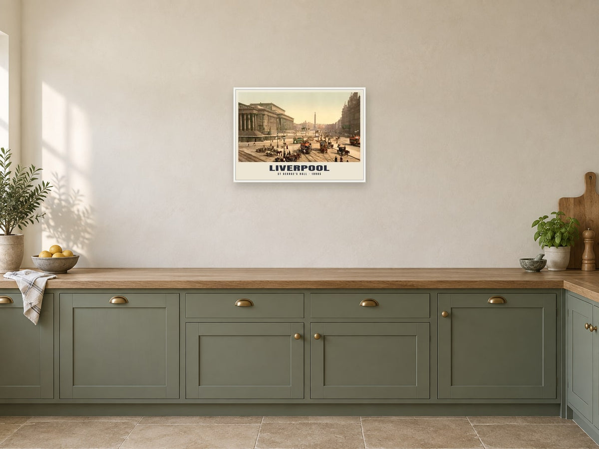 St George's Hall, Liverpool, 1890s Heritage Print at A2, in a white frame, in a kitchen