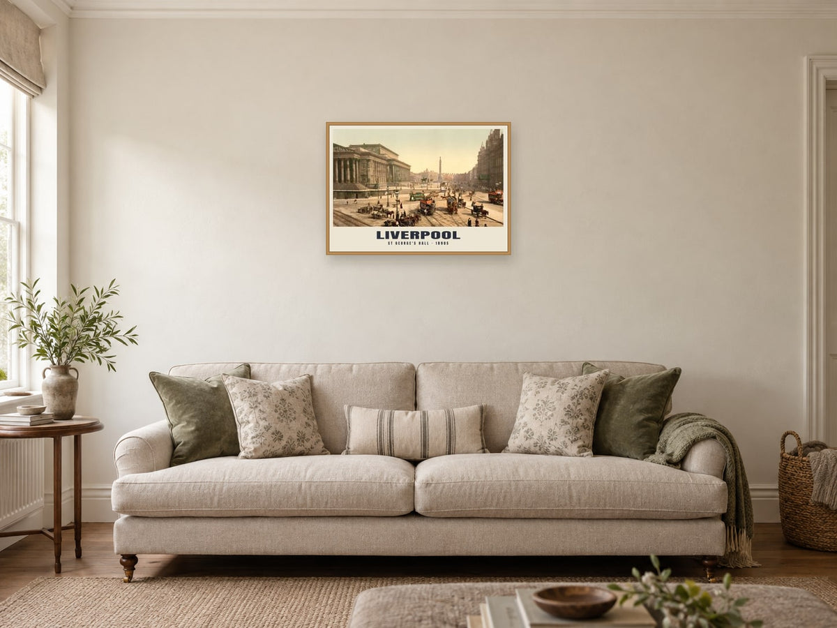 St George's Hall, Liverpool, 1890s Heritage Print at A2, in an oak frame, in a sitting room
