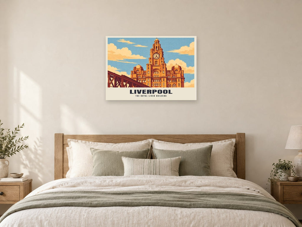 The Royal Liver Building, Liverpool Poster at A1, as a poster, above a bed