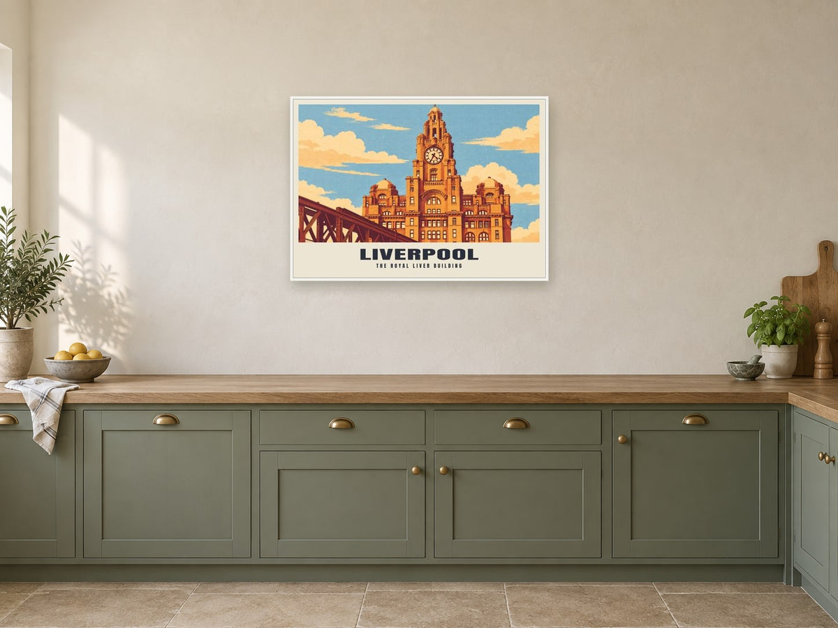 The Royal Liver Building, Liverpool Poster at A1, in a white frame, in a kitchen