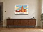 The Royal Liver Building, Liverpool Poster at A1, in a black frame, above a sideboard