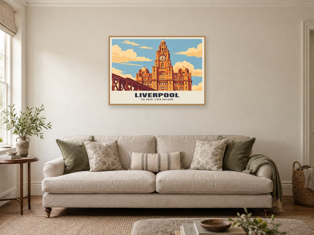 The Royal Liver Building, Liverpool Poster at A1, in an oak frame, in a sitting room
