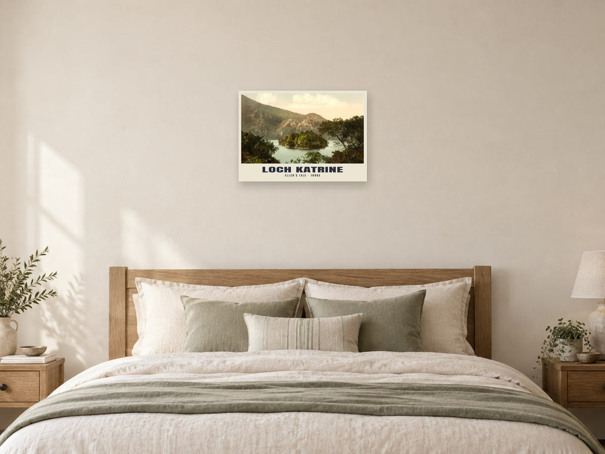 Ellen's Isle, Loch Katrine, 1890s Heritage Print at A2, as a poster, above a bed